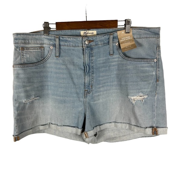 MADEWELL‎ HIGH RISE DISTRESSED CUFFED DENIM SHORTS AINGER WASH BLUE SIZE 35 NWT - Picture 3 of 16